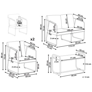 Schéma de l'ensemble lounge Vezzana gris 4 pièces avec dimensions : 2 fauteuils, 1 causeuse, 1 table. Mobilier de jardin.