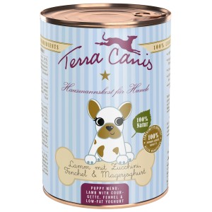 Terra Canis Hunde-Nassfutter Welpe Lamm, 400g Dose mit Hunde-Motiv.