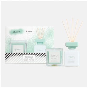 Ipuro Essentials Time to be Geschenkset: mintgrüne Duftkerze im Glas und Raumduft-Diffuser mit Stäbchen.