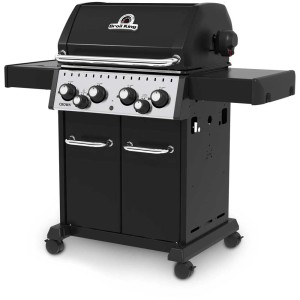 Broil King Crown 490 barbecue a gas, nero-argento con fornello laterale e girarrosto.