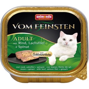 Vom Feinsten Adult nourriture humide pour chat au bœuf, filet de saumon et épinards en barquette de 100g.