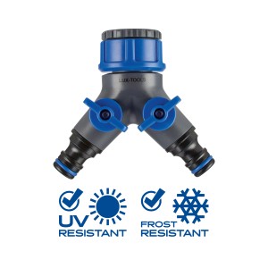 Vanne 2 voies LUX pour tuyaux d'arrosage, 26,4 mm à 33,3 mm, forme en Y, en plastique résistant aux UV et au gel.