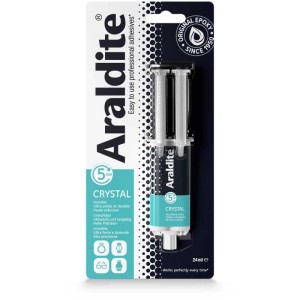 Seringue de colle Araldite Crystal, 24ml, pour collages transparents. Colle résine époxy.