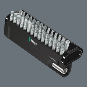 Wera Bitset Check Metal, 30 pezzi, con vari inserti e supporto in scatola nera.