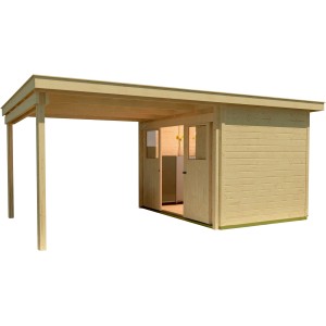 Casetta da giardino in legno Weka non trattato con tetto piatto e annesso. Legno naturale, 500x-- cm.