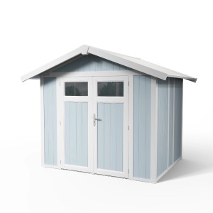 Abri de jardin Grosfillex Utility 4,9 gris-bleu, abri en plastique avec double porte et toit à deux pentes.