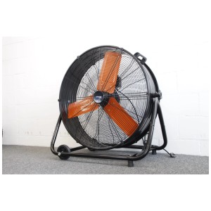 Ventilateur de sol Climatech HVF-61, métal noir/orange, Ø 61cm. Ventilateur robuste avec roulettes.