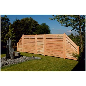 Élément d'extrémité de brise-vue Neo en douglas, 180x90x45cm, dans le jardin.