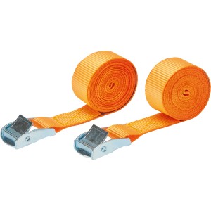 Deux sangles d'arrimage orange avec fermeture à pince pour voyage et transport.