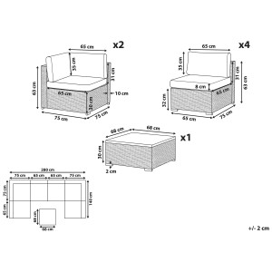Beliani Ensemble lounge Belvedere marron, dimensions et disposition du mobilier de jardin.