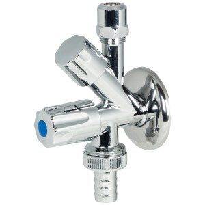 Robinet d'équerre chromé pour machine à laver avec raccord de tuyau, deux poignées et rosace.