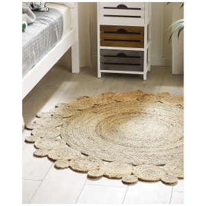 Tapis rond beige Golgen en jute à poils courts, Ø 120 cm, avec motif circulaire. Aspect naturel pour espaces de vie.