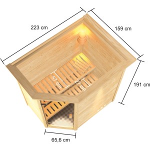 Sauna Woodfeeling Jella con misure e interni, inclusa stufa e corona LED sul tetto.