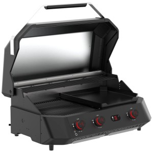 Cozze Barbecue a gas G-800 Combo Plancha con 3 bruciatori e coperchio aperto.