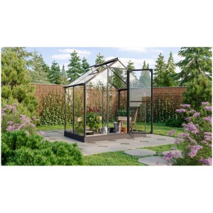 Serra Vitavia Triton 2500 con vetro di sicurezza, nera, in giardino. Incl. finestra a tetto e grondaia.