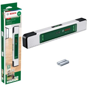 Bosch LED-Wasserwaage EasySpiritLevel mit Verpackung und Batterien, ein Prüfwerkzeug für präzises Nivellieren.