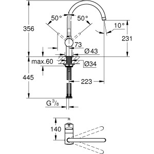 Disegno tecnico Grohe Minta miscelatore cucina, misure e angoli per l'installazione.