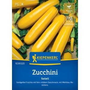 Paquet de graines de courgettes "Soleil" Kiepenkerl avec des courgettes jaune doré.