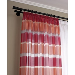 Gardinia Supporto combinato Chicago, nero opaco, con bastone per tende e tenda nei toni del rosso e dell'arancione.