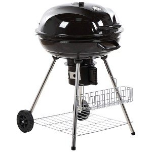 Barbecue à charbon de bois en acier noir Marapi avec thermomètre et roulettes.