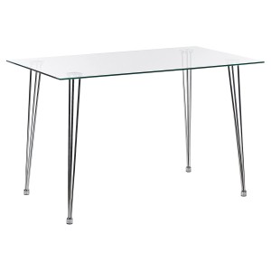 Table de salle à manger moderne Winston avec plateau en verre et pieds en métal argenté, 120x70 cm.