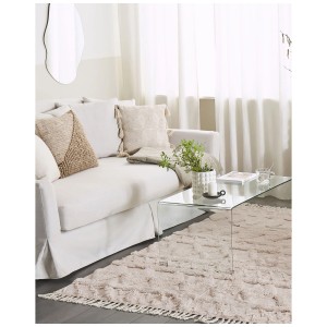 Tapis beige à poils courts Didim avec motif géométrique et franges, 160x230 cm.