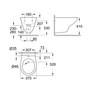 Disegno tecnico del bidet sospeso Grohe Bau Keramik bianco con dimensioni.