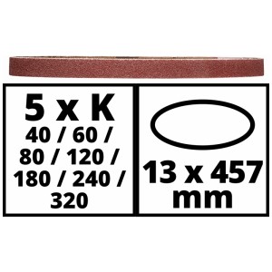 Lot de 35 bandes abrasives Einhell, 13x457 mm, différents grains pour ponceuses à bande.