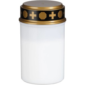 Weisses Mica LED-Grablicht aus Kunststoff mit gold-schwarzem Dekor. Ideal für Friedhof & Aussenbereich.