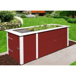 Letto rialzato da giardino Weka Profi 669 C in rosso svedese, 81x205x79 cm, in giardino. Aiuola rialzata in legno con porta e piante.