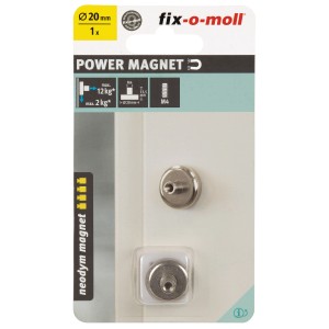 Aimant en pot néodyme Fix-o-moll, 20mm, avec douille filetée, accessoire ménager argenté.