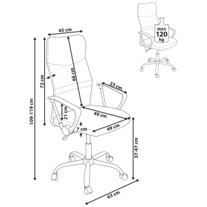 Schizzo sedia da ufficio Beliani design grigio con dimensioni: altezza, larghezza, profondità, altezza braccioli, poggiatesta. Max 120kg.