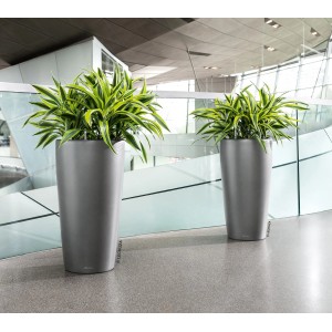 Pot de fleurs Lechuza Rondo Premium, anthracite métallisé, Ø 32 cm, avec plantes.