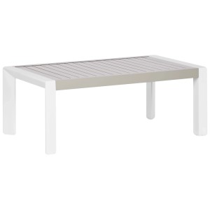 Beliani Gartentisch Castella, taupefarbener Metalltisch mit Latten-Design und weißen Beinen.