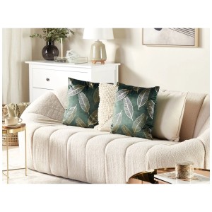 Lot de 2 coussins décoratifs Freesia vert foncé avec motif de feuilles dorées, velours, 45x45 cm.