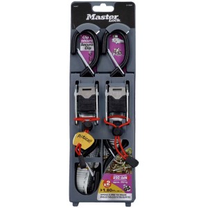 Sangle d'arrimage Master Lock avec fermeture à pince et crochets en S, 180cm, lot de 2, pour un transport sécurisé.