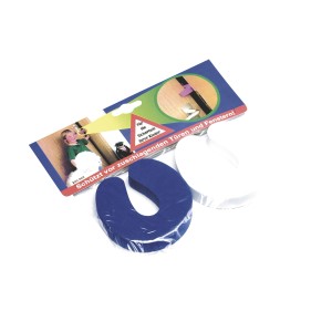Due fermaporta in schiuma a forma di U, blu e bianco, per evitare sbattimenti.