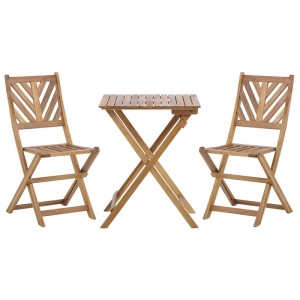 Set balcone Beliani Terni 3 pezzi, acacia chiara: tavolo pieghevole e due sedie per il balcone.