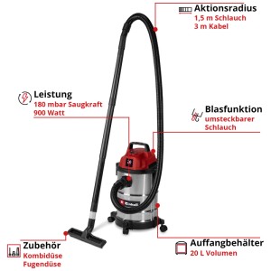 Einhell TC-VC 2045 S aspirateur eau et poussière avec cuve inox 20L et accessoires.