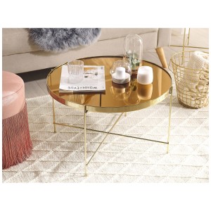 Tavolino da caffè Lucea dorato con piano a specchio e gambe in metallo, diametro 63 cm.