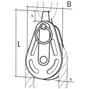 Skizze eines einfachen Blocks Ø 12 mm. Edelstahl-Beschlag mit Seil.