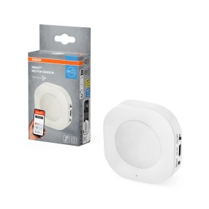 Sensore di movimento WiFi Osram Smart+, forma rotonda bianca, con confezione.
