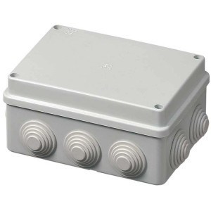 Graue Max Hauri Abzweigdose AP/IP55, 150x110x70mm, mit Kabeleinführungen.