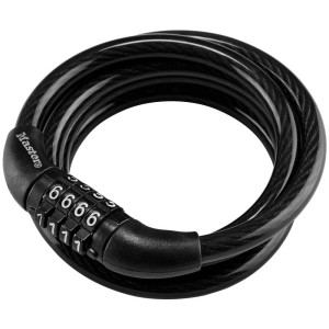 Antivol à câble spiralé Master Lock noir à combinaison, longueur 1,20 m, pour vélos.