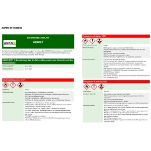 Fiche de données de sécurité pour l'essence pour moteurs 2 temps Motorex Aspen, informations sur les dangers et la sécurité.