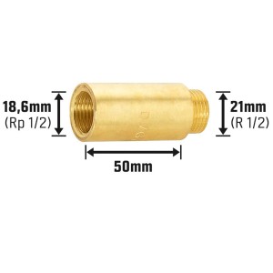 Rallonge de robinet en laiton, 50 mm, avec filetage de 18,6 mm et 21 mm pour raccords filetés.