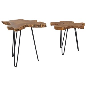 Beliani Table d'appoint Camrose, lot de 2 tables en teck avec cadre en métal noir.