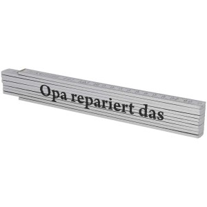 Silberner Gliedermassstab 2 m mit Aufschrift, zusammengeklappt.
