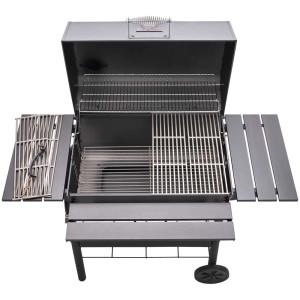 Barbecue à charbon Char-Broil Charcoal L avec couvercle ouvert, grille à charbon et étagère latérale.