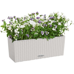 Lechuza Balconera Cottage 50, jardinière gris clair avec fleurs blanches et violettes.